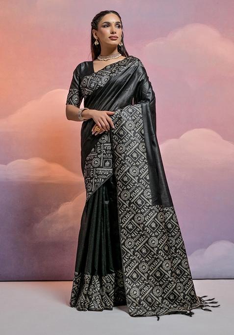 Black Woven Raw Silk Saree Set