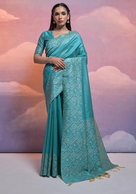 Firozi Woven Raw Silk Saree Set