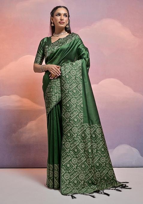 Green Woven Raw Silk Saree Set