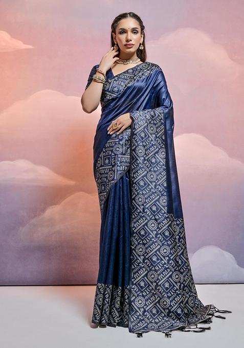 Navy Blue Woven Raw Silk Saree Set