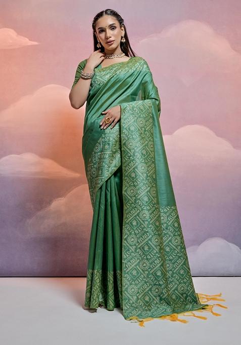 Pista Green Woven Raw Silk Saree Set