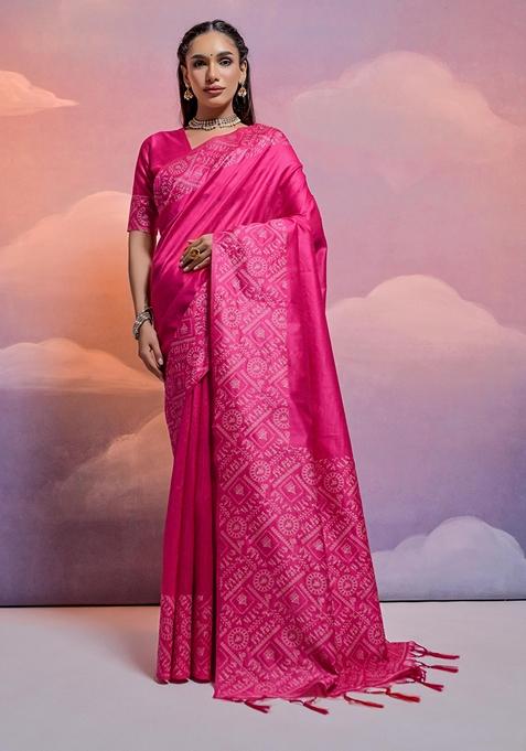 Rani Pink Woven Raw Silk Saree Set