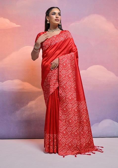 Red Woven Raw Silk Saree Set