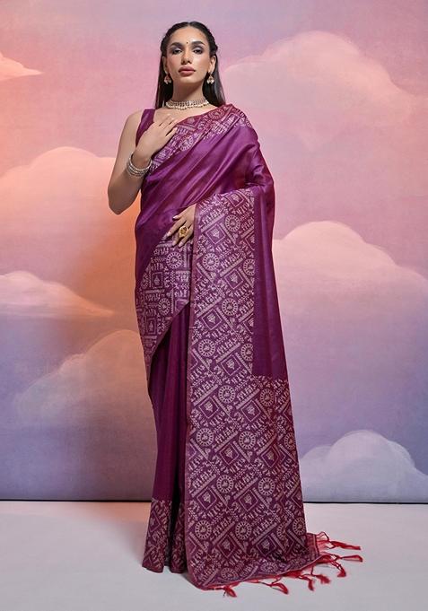 Wine Woven Raw Silk Saree Set