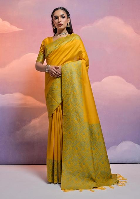 Yellow Woven Raw Silk Saree Set