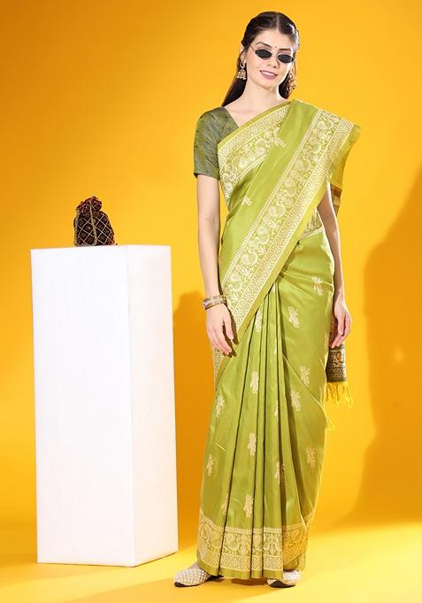 Mehendi Woven Raw Silk Saree Set