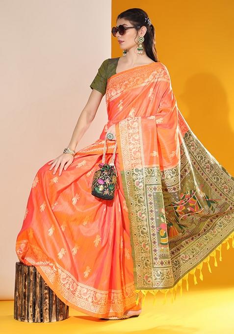 Orange Woven Raw Silk Saree Set