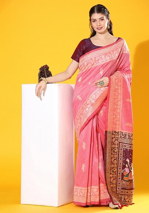 Pink Woven Raw Silk Saree Set