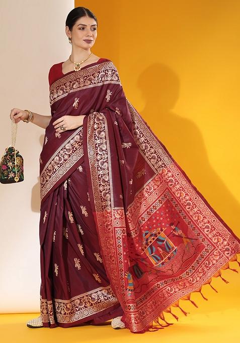 Wine Woven Raw Silk Saree Set