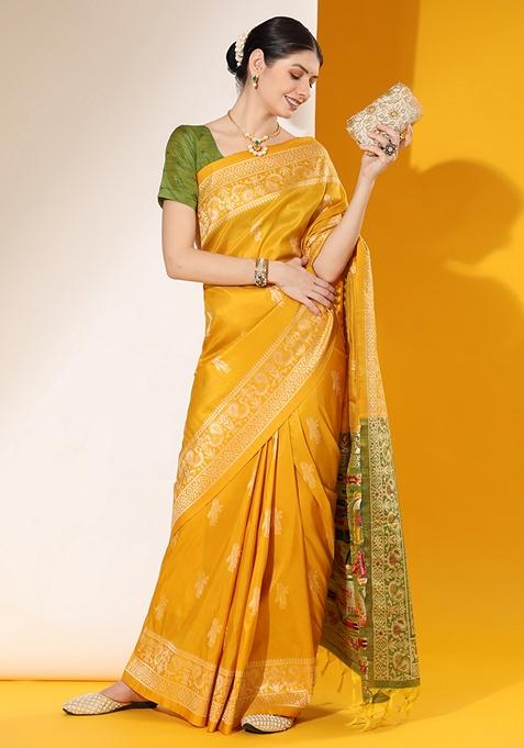 Yellow Woven Raw Silk Saree Set