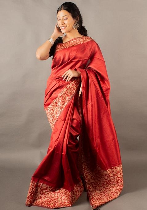 Red Woven Raw Silk Saree Set