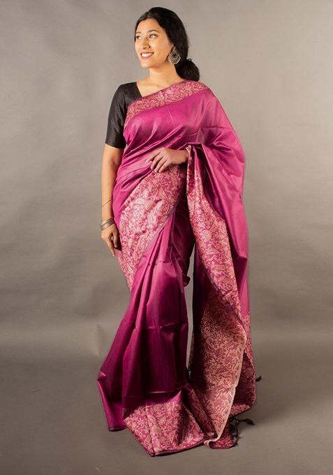 Rani Pink Woven Raw Silk Saree Set