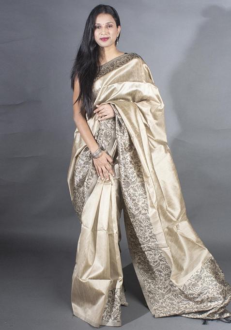 Cream Woven Raw Silk Saree Set