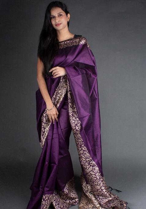 Purple Woven Raw Silk Saree Set