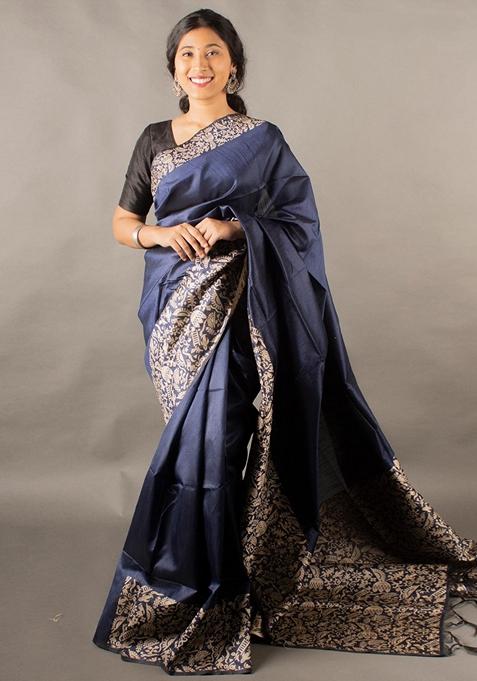 Navy Blue Woven Raw Silk Saree Set