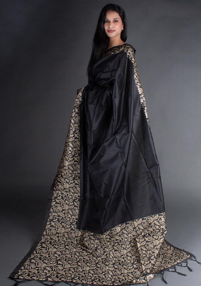 Black Woven Raw Silk Saree Set - Indya