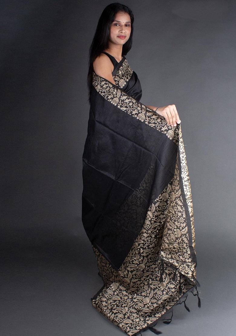 Black Woven Raw Silk Saree Set - Indya