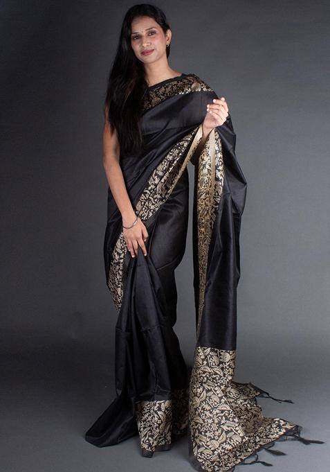 Black Woven Raw Silk Saree Set