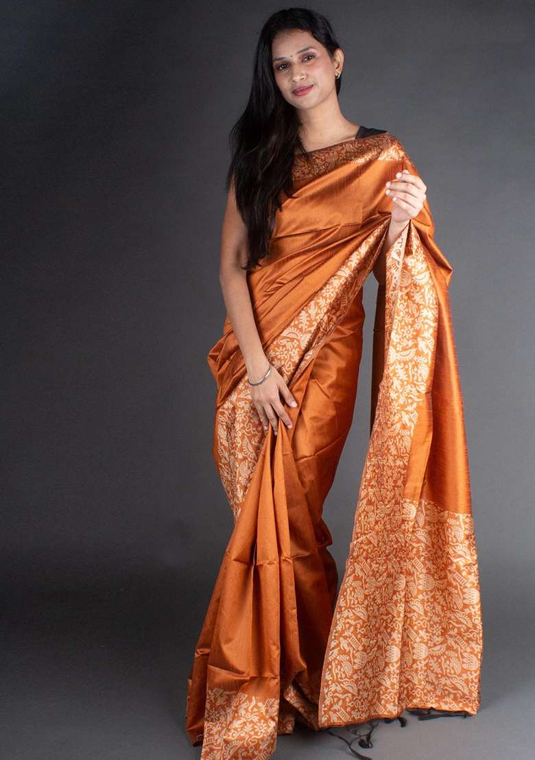 Brown Woven Raw Silk Saree Set for Diwali and Festive Wear - Indya