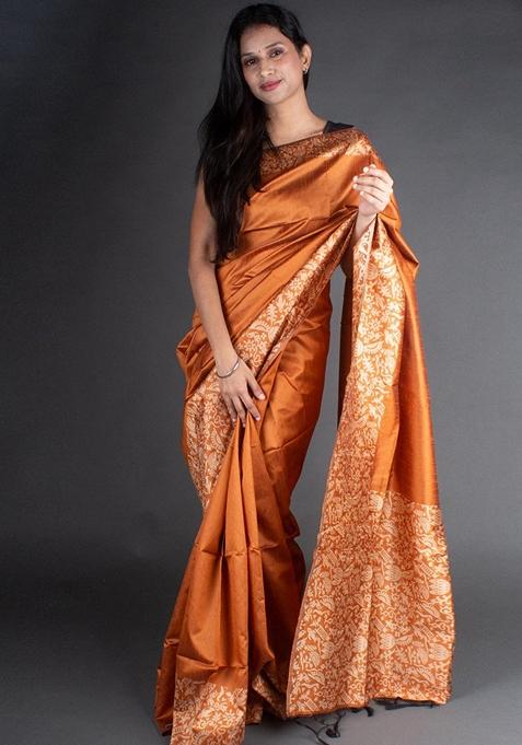 Brown Woven Raw Silk Saree Set