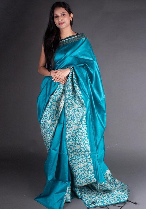 Sky Blue Woven Raw Silk Saree Set