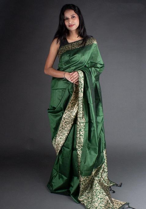 Green Woven Raw Silk Saree Set