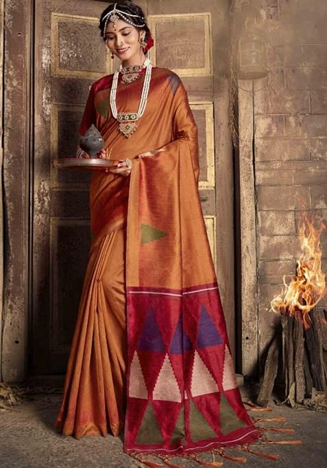 Orange Zari Woven Raw Silk Saree Set