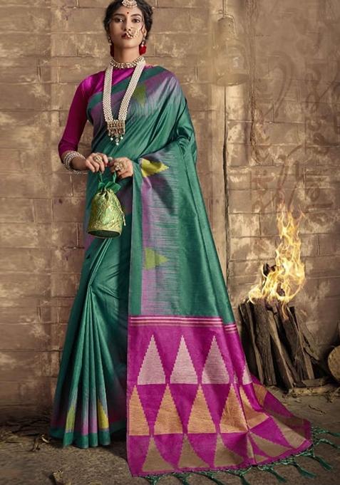 Teal Zari Woven Raw Silk Saree Set