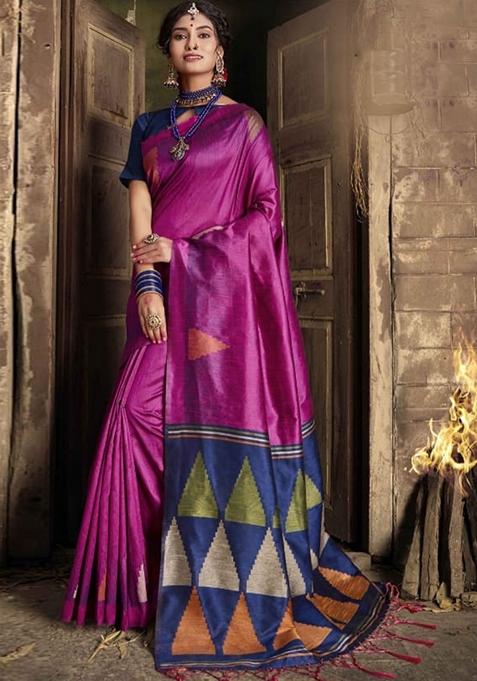 Purple Zari Woven Raw Silk Saree Set