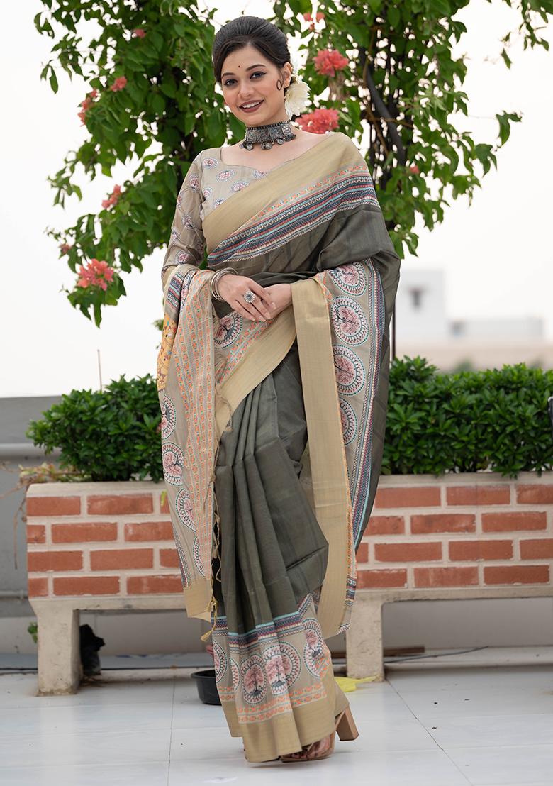 Green Printed Tussar Silk Saree Set