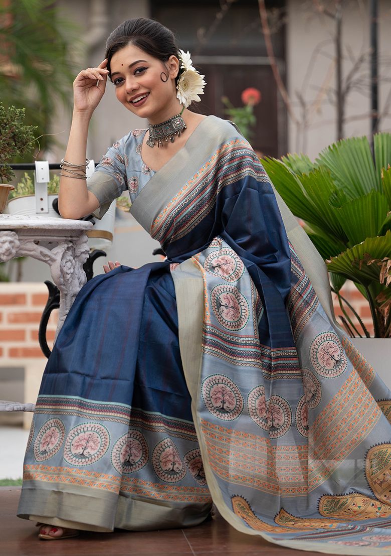 Navy Blue Printed Tussar Silk Saree Set