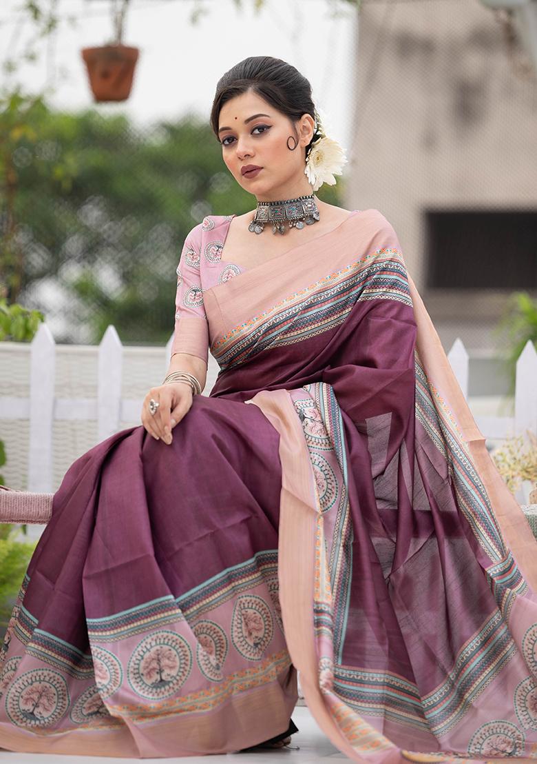 Purple Printed Tussar Silk Saree Set