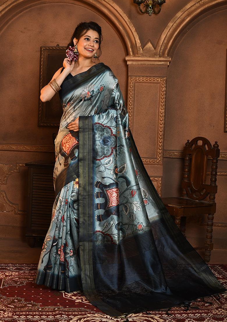 Teal Zari Woven Tussar Silk Saree Set