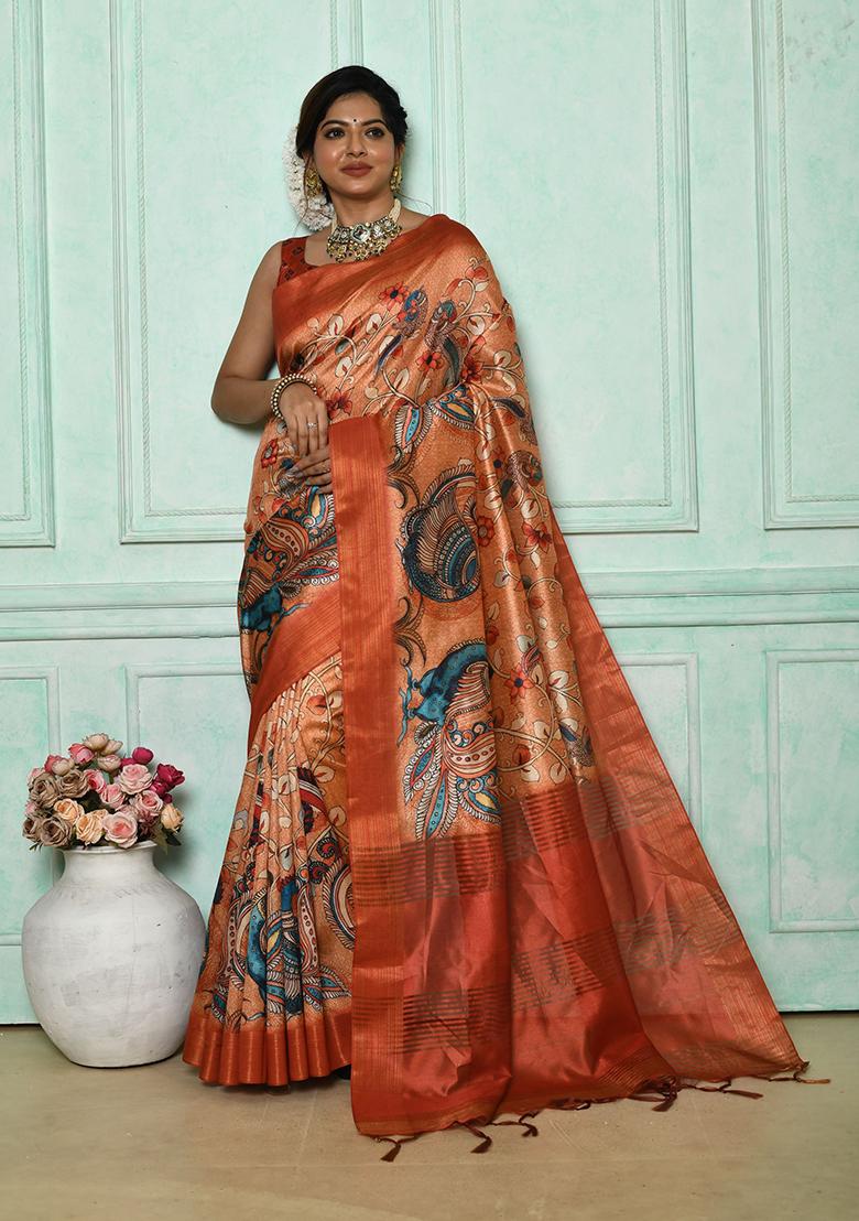 Orange Zari Woven Tussar Silk Saree Set