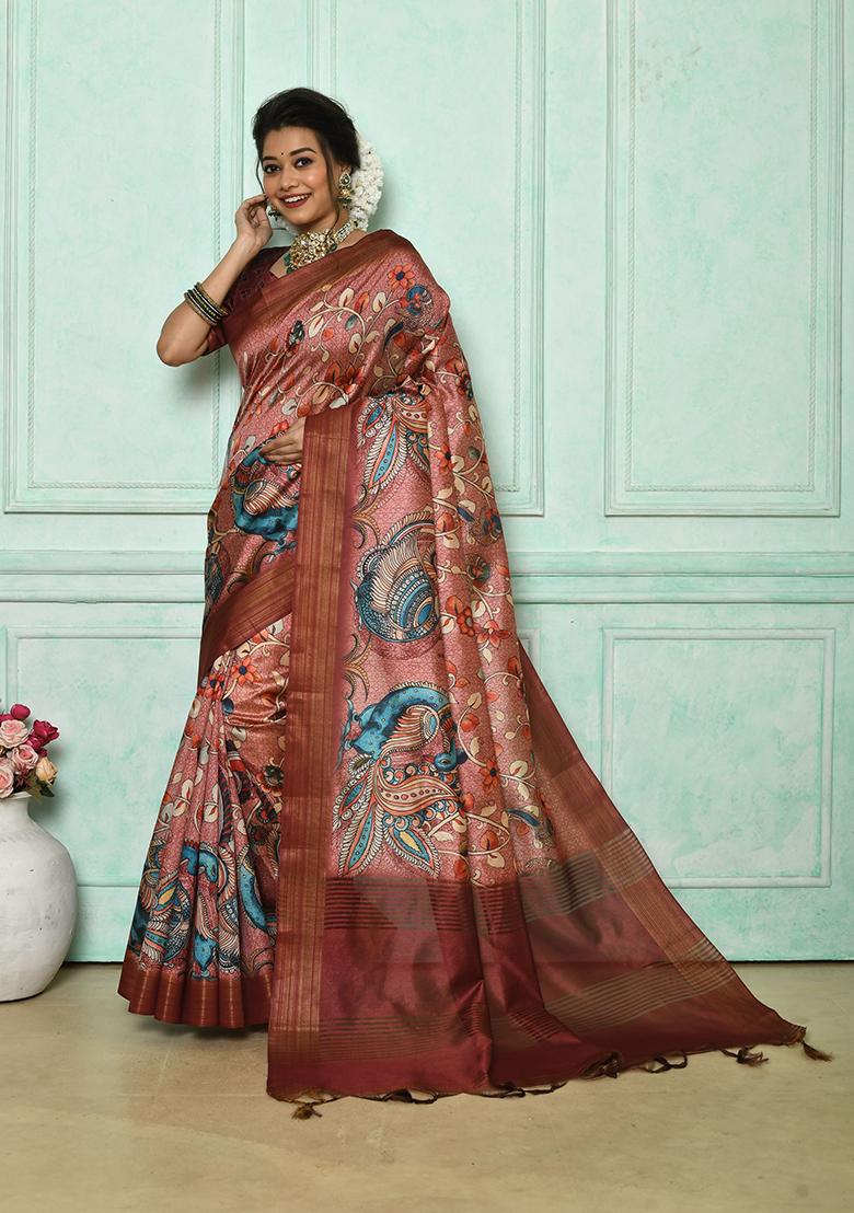 Peach Zari Woven Tussar Silk Saree Set