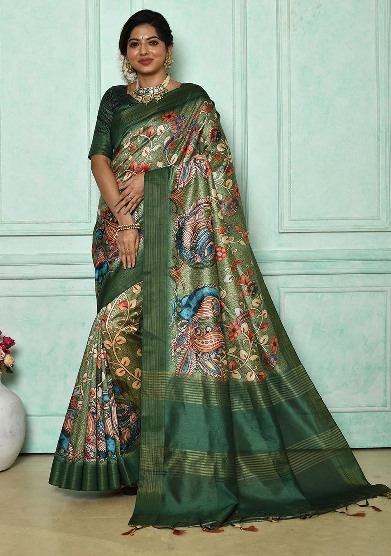 Green Zari Woven Tussar Silk Saree Set