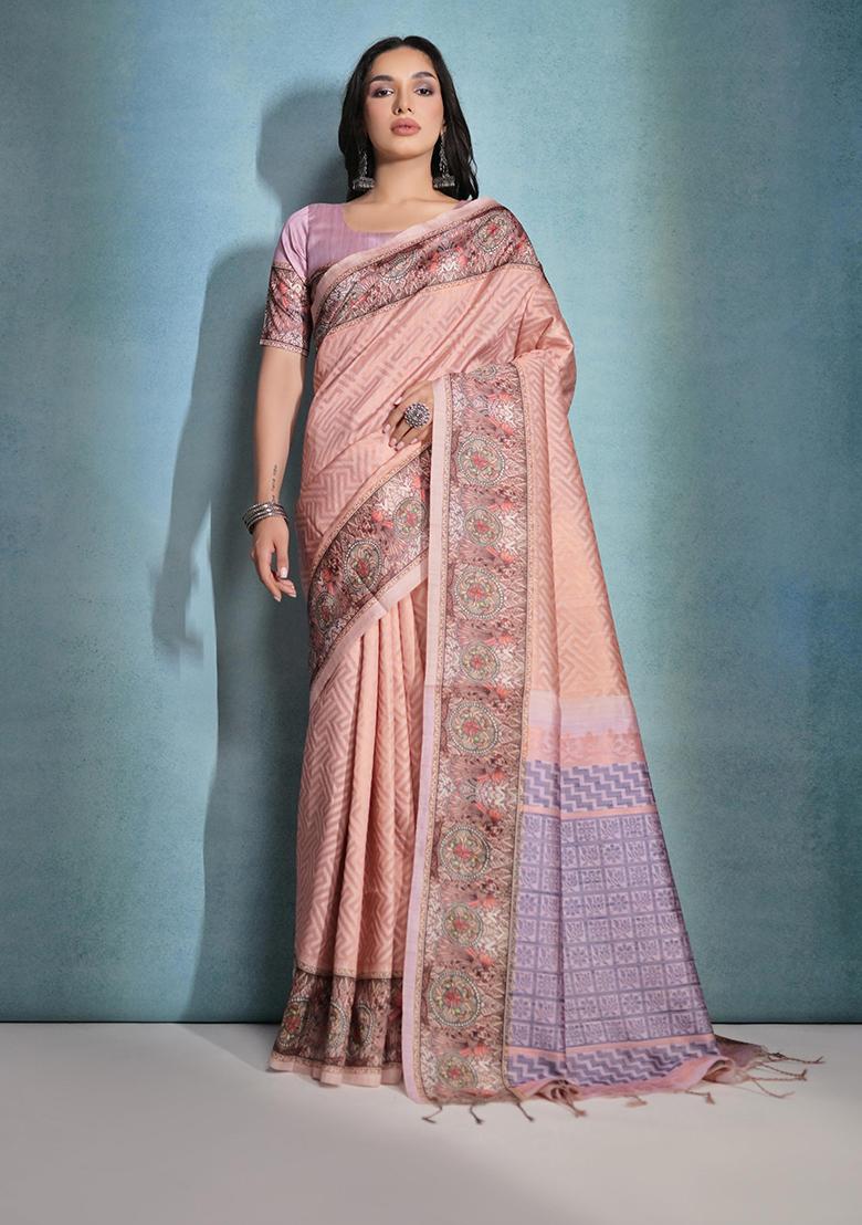 Peach Zari Woven Cotton Silk Saree Set