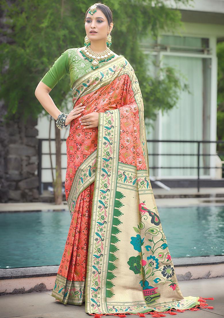 Orange Zari Woven Patola Silk Saree Set