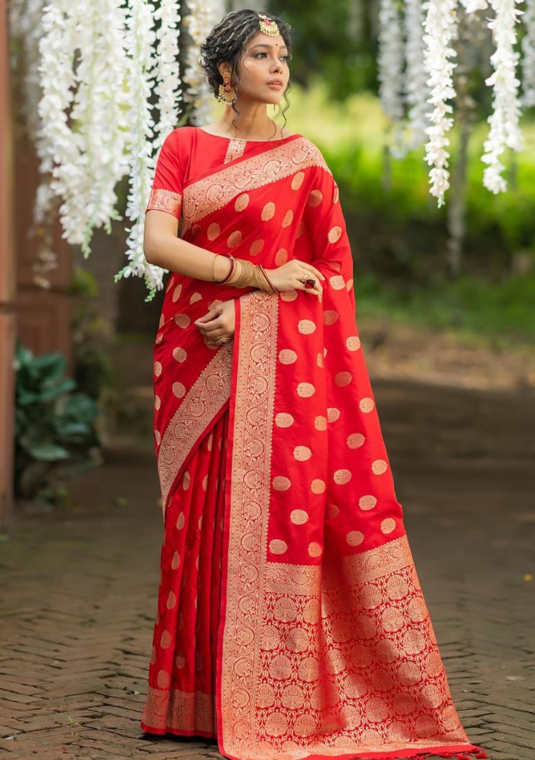 Red Zari Woven Katan Silk Saree Set