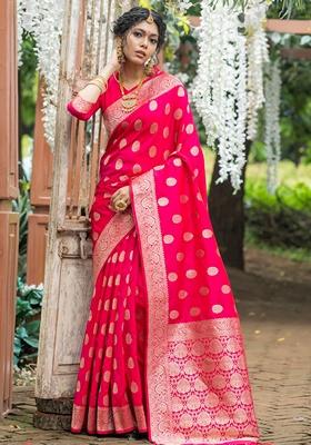Rani Pink Zari Woven Katan Silk Saree Set