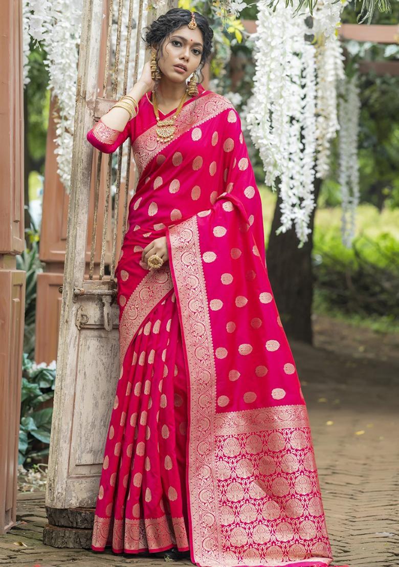 Rani Pink Zari Woven Katan Silk Saree Set