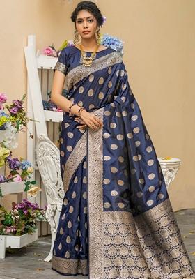 Navy Blue Zari Woven Katan Silk Saree Set
