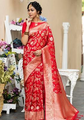Red Zari Woven Katan Silk Saree Set