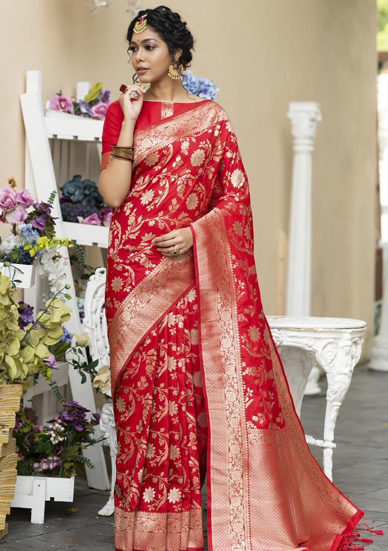 Red Zari Woven Katan Silk Saree Set