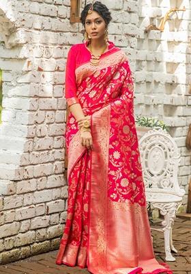 Rani Pink Zari Woven Katan Silk Saree Set