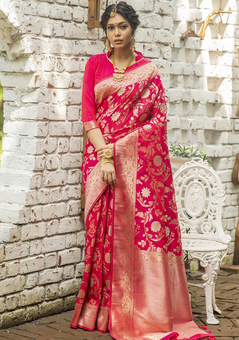 Rani Pink Zari Woven Katan Silk Saree Set