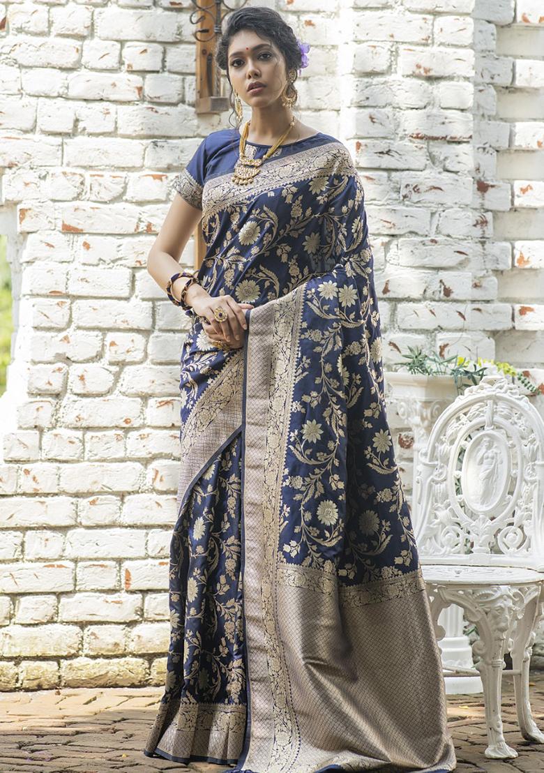 Navy Zari Woven Katan Silk Saree Set