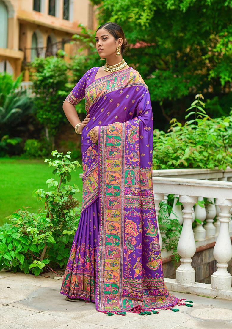 Purple Woven Pashmina Silk Saree Set