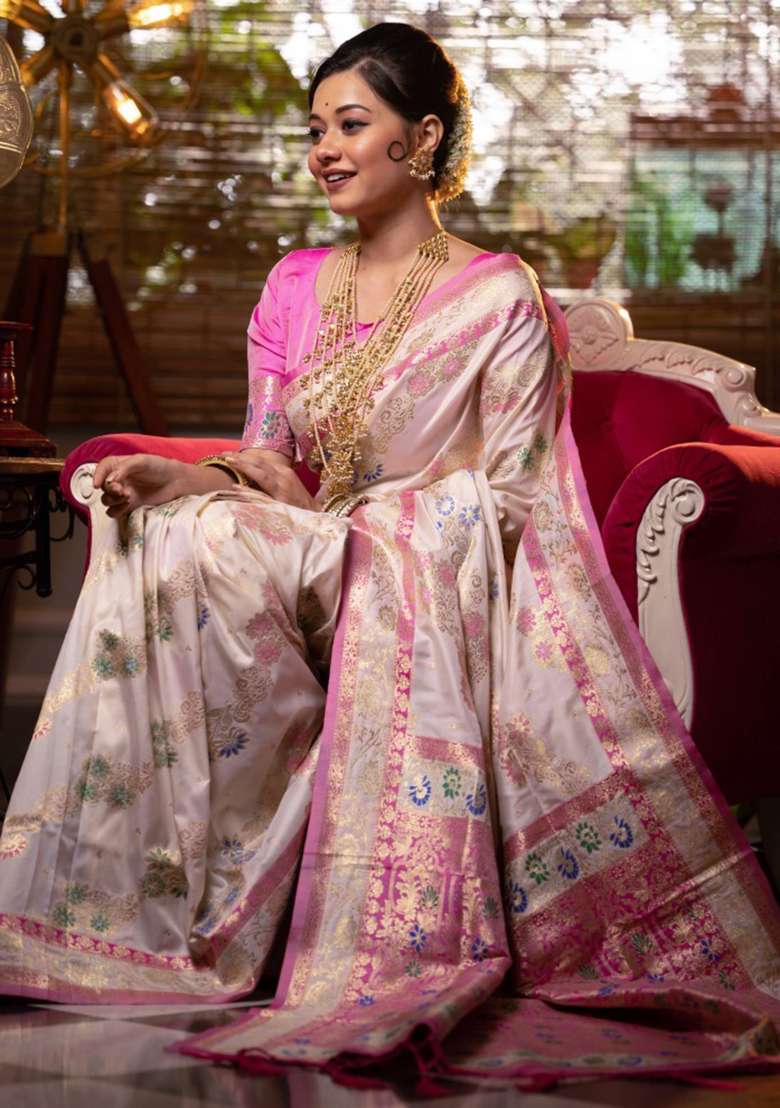 White Woven Soft Silk Saree Set for Diwali and Festive Wear - Indya