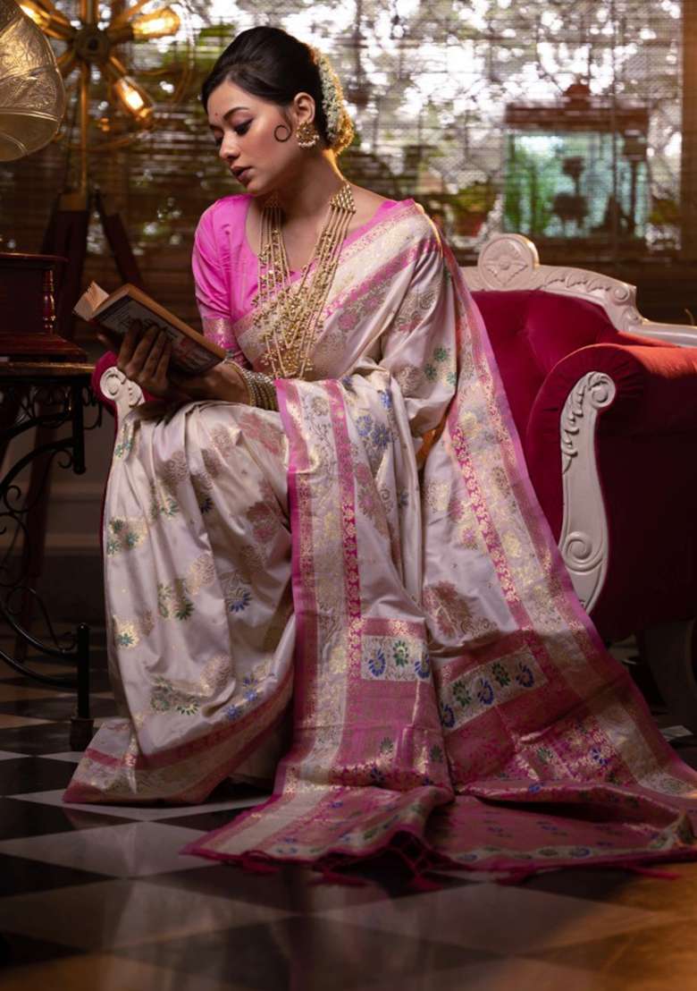 White Woven Soft Silk Saree Set for Diwali and Festive Wear - Indya
